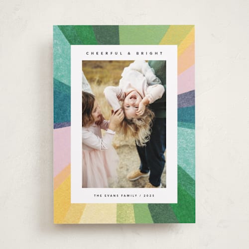 This is a sorbet holiday photo cards with standard by Carrie Moradi called rainbow burst printing on recycled smooth signature in standard