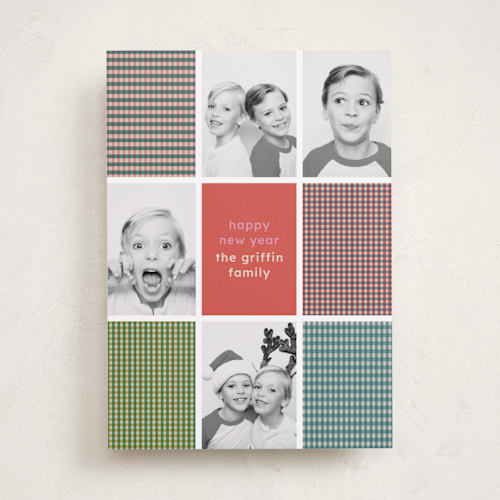 This is a candy holiday photo cards with standard by Kelly Watkins called modern plaid printing on recycled smooth signature in standard