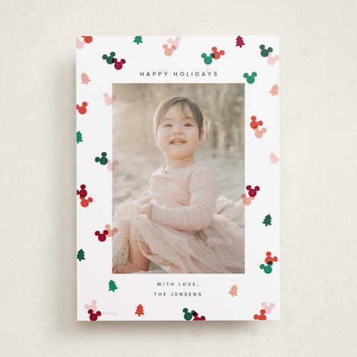 This is a cherry holiday photo cards with standard by Ellen Schlegelmilch called disney's mickey confetti printing on recycled smooth signature in standard
