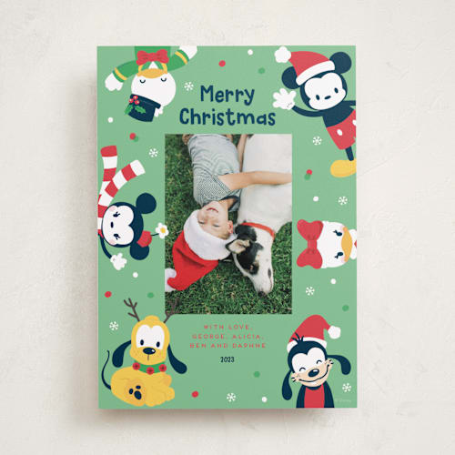 This is a holly holiday photo cards with standard by peetie design called disney's happy mickey & friends printing on recycled smooth signature in standard
