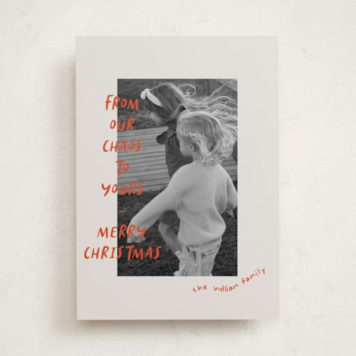 This is a crimson holiday photo cards with standard by Vera Lim called happy chaos printing on recycled smooth signature in standard