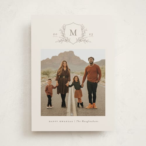 This is a ivory kwanzaa cards with standard by Meagan Christensen called monogrammed printing on recycled smooth signature in standard
