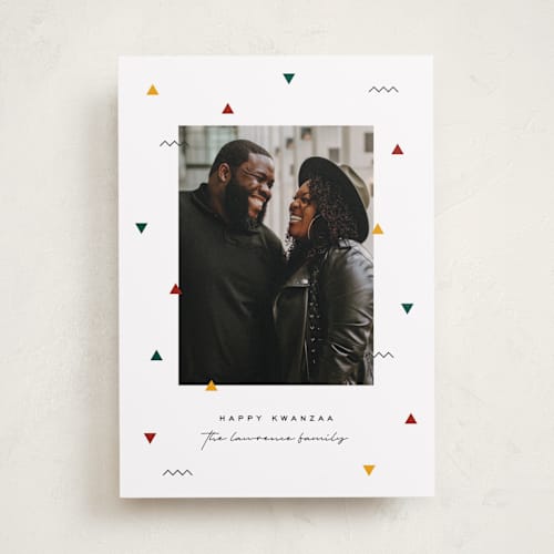 This is a snow kwanzaa cards with standard by Jessica Corliss called kwanzaa confetti printing on recycled smooth signature in standard