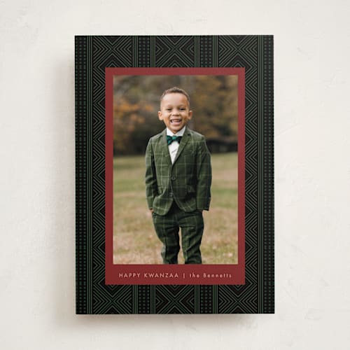 This is a cinnabar kwanzaa cards with standard by Kamala Nahas called jiometri printing on recycled smooth signature in standard