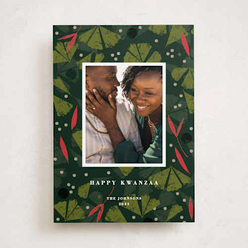 This is a rainforest kwanzaa cards with standard by Sumak Studio called deep green printing on recycled smooth signature in standard