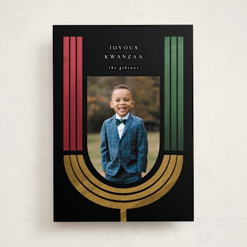 This is a charcoal kwanzaa cards with standard by Grae called rustic kinara printing on recycled smooth signature in standard