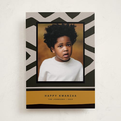 This is a ochre kwanzaa cards with standard by Sumak Studio called bold pattern printing on recycled smooth signature in standard