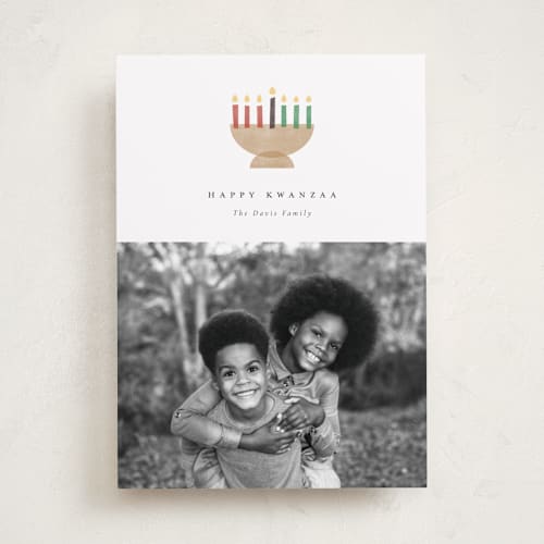 This is a linen kwanzaa cards with standard by Robert and Stella called mod candles printing on recycled smooth signature in standard