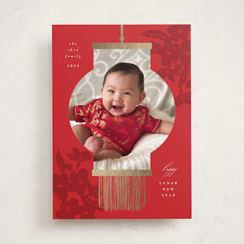 This is a crimson chinese new year cards with foil pressed by Corinne Malesic called new year lantern printing on recycled smooth signature in standard