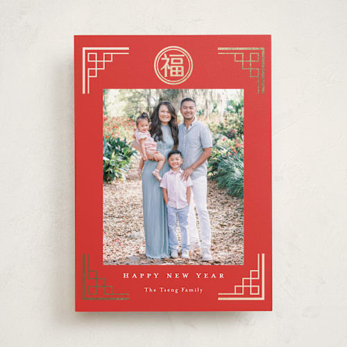 This is a scarlet chinese new year cards with foil pressed by Yaling Hou Suzuki called luck printing on recycled smooth signature in standard