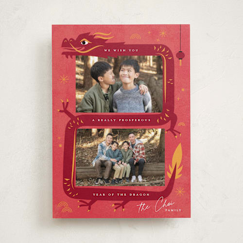 This is a firecracker chinese new year cards with standard by Leia Matt called dragon wishes printing on recycled smooth signature in standard