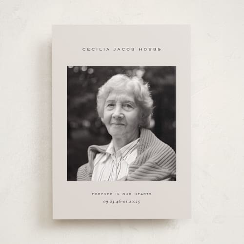 This is a champagne memorial cards with standard by Sara Hicks Malone called forever - in our hearts printing on recycled smooth signature in standard