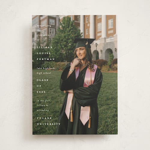 This is a snow graduation announcements with standard by Lauren Chism called along side printing on recycled smooth signature in standard