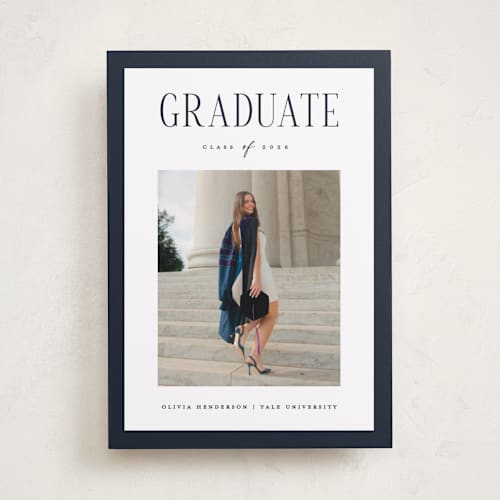 This is a navy graduation announcements with standard by Christy Hy Lee called classic layout printing on recycled smooth signature in standard