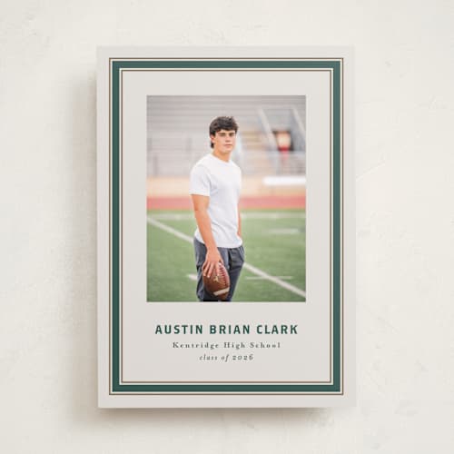 This is a evergreen graduation announcements with standard by Angela Garrick called varsity frame printing on recycled smooth signature in standard