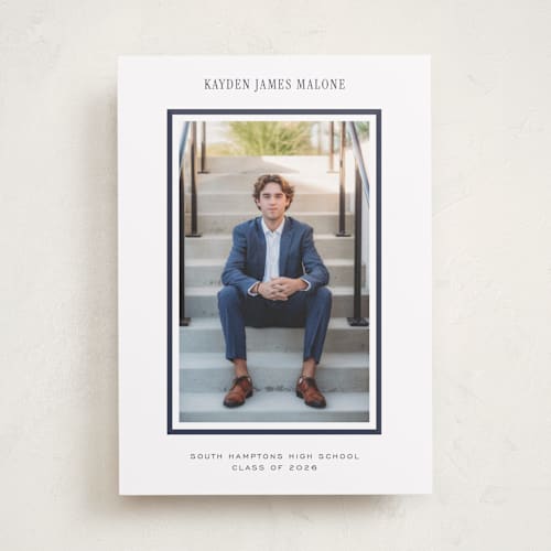 This is a navy graduation announcements with standard by Jennifer Wick called collegiate line printing on recycled smooth signature in standard