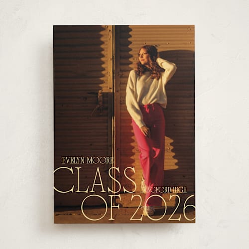 This is a golden hour graduation announcements with standard by Leia Matt called edge play printing on recycled smooth signature in standard