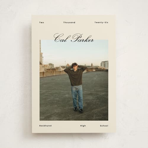 This is a sand graduation announcements with standard by Rachel Cassel called perfectly scripted printing on recycled smooth signature in standard