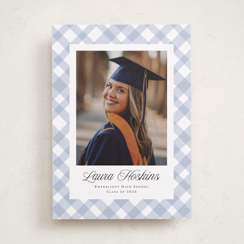 This is a powder graduation announcements with standard by Kampai Designs called gingham printing on recycled smooth signature in standard