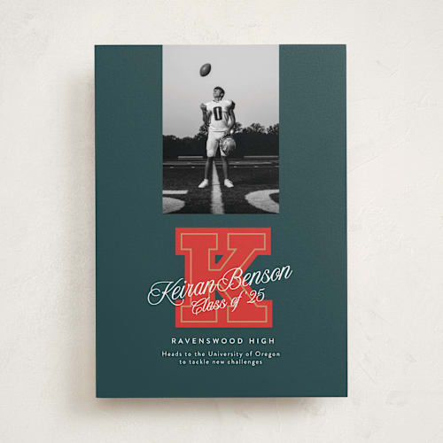 This is a forest graduation announcements with standard by Leia Matt called varsity initial printing on recycled smooth signature in standard