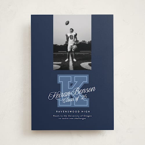 This is a nightshade graduation announcements with standard by Leia Matt called varsity initial printing on recycled smooth signature in standard