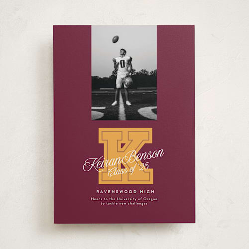 This is a maroon graduation announcements with standard by Leia Matt called varsity initial printing on recycled smooth signature in standard