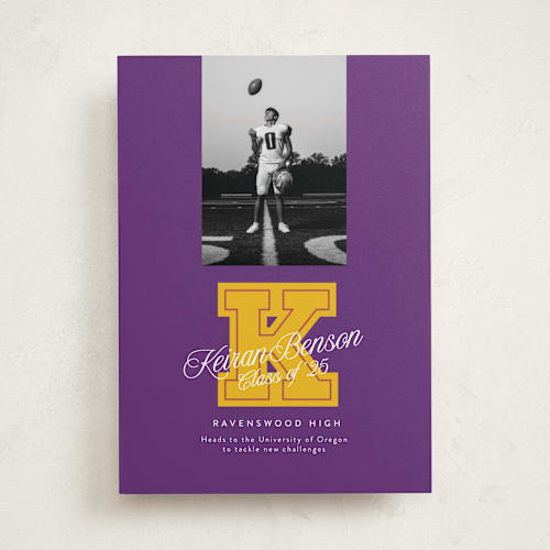This is a violet graduation announcements with standard by Leia Matt called varsity initial printing on recycled smooth signature in standard