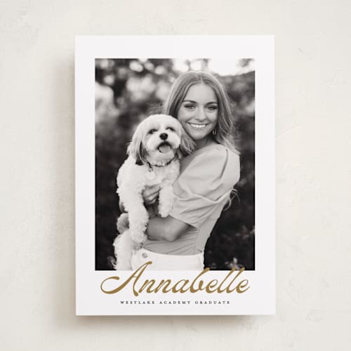 This is a golden graduation announcements with standard by Maja Cunningham called vintage script printing on recycled smooth signature in standard