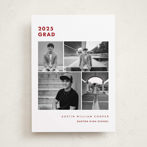 This is a crimson graduation announcements with standard by Olivia Raufman called fourth quarter printing on recycled smooth signature in standard