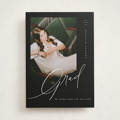This is a midnight graduation announcements with standard by Christie Garcia called theatric printing on recycled smooth signature in standard