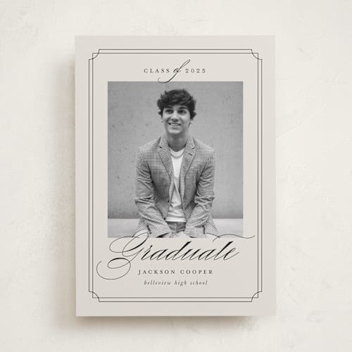 This is a taupe graduation announcements with standard by Ashley Iwafuchi called refined grad printing on recycled smooth signature in standard