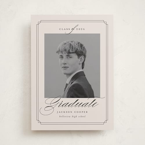 This is a taupe graduation announcements with standard by Ashley Iwafuchi called refined grad printing on recycled smooth signature in standard