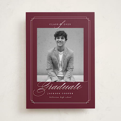 This is a maroon graduation announcements with standard by Ashley Iwafuchi called refined grad printing on recycled smooth signature in standard