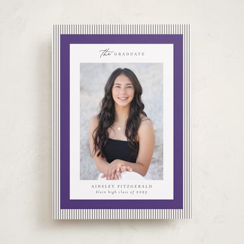 This is a plum graduation announcements with standard by Jackie Crawford called modern striped frame printing on recycled smooth signature in standard