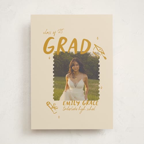 This is a mustard graduation announcements with standard by Vera Lim called playful printing on recycled smooth signature in standard