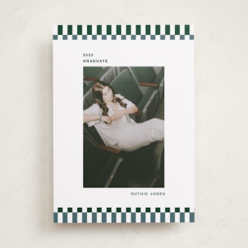 This is a pine graduation announcements with standard by Rachel Cassel called checked out printing on recycled smooth signature in standard