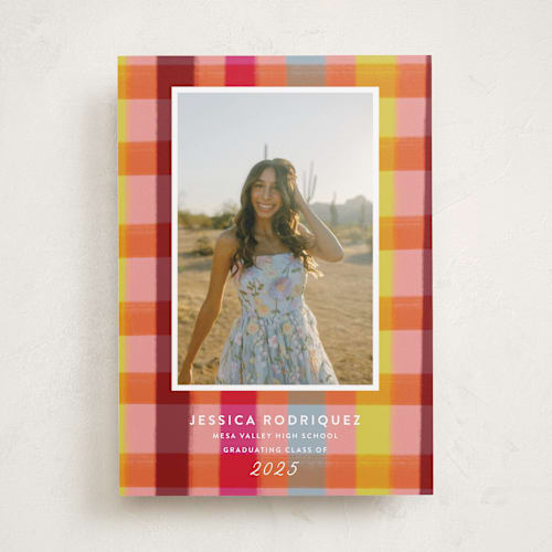 This is a ruby graduation announcements with standard by Kat Roberts called rainbow plaid printing on recycled smooth signature in standard