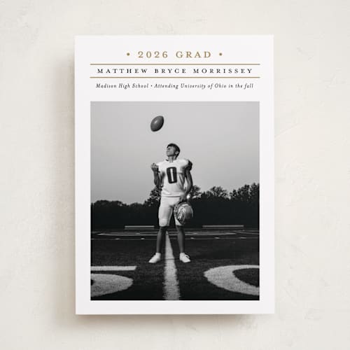 This is a golden graduation announcements with standard by Erica Krystek called modern grid printing on recycled smooth signature in standard