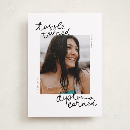 This is a noir graduation announcements with standard by Abbigail Lim called tassel turned, diploma earned printing on recycled smooth signature in standard