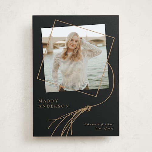 This is a chalkboard graduation announcements with standard by Beth Murphy called tassel dance printing on recycled smooth signature in standard