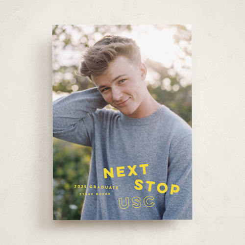This is a lemon graduation announcements with standard by Sara Hicks Malone called next stop printing on recycled smooth signature in standard