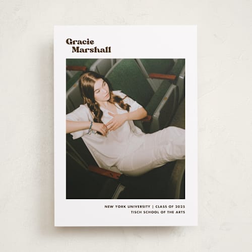 This is a espresso graduation announcements with standard by Megan Davis called vinyl printing on recycled smooth signature in standard