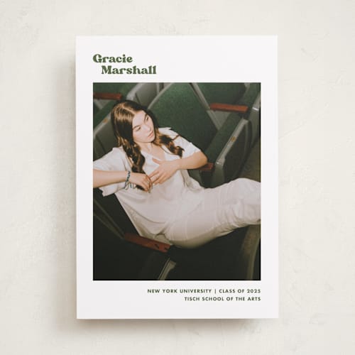 This is a olive graduation announcements with standard by Megan Davis called vinyl printing on recycled smooth signature in standard
