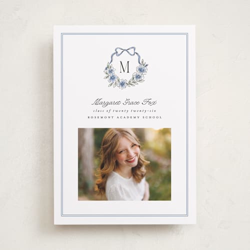 This is a cornflower graduation announcements with standard by Laura Hankins called floral crest printing on recycled smooth signature in standard