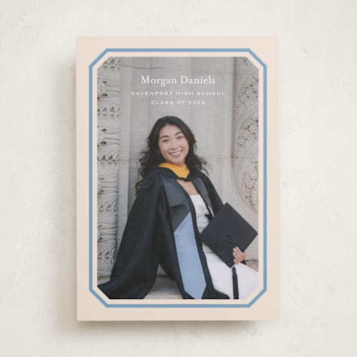 This is a robins egg graduation announcements with standard by Carolyn MacLaren called angled frame printing on recycled smooth signature in standard