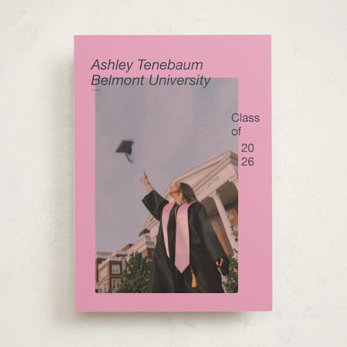 This is a flamingo graduation announcements with standard by Jennifer Lew called zine printing on recycled smooth signature in standard