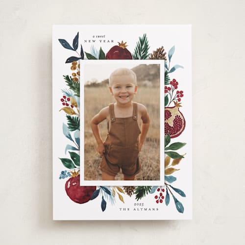 This is a evergreen rosh hashanah cards with standard by Beth Schneider called pomegranate printing on recycled smooth signature in standard