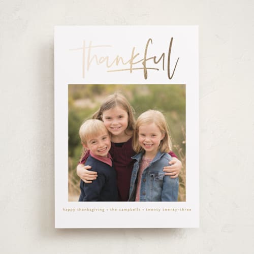 This is a ochre thanksgiving cards invitations with foil pressed by Susan Asbill called we are thankful printing on recycled smooth signature in standard