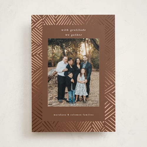 This is a terracotta thanksgiving cards invitations with foil pressed by Devika Keskar called with gratitude printing on recycled smooth signature in standard