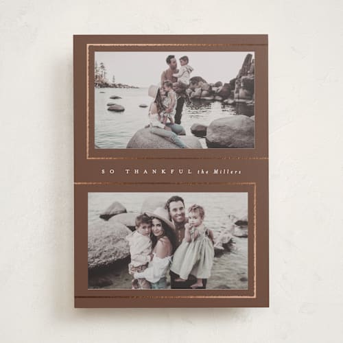 This is a chocolate thanksgiving cards invitations with foil pressed by AK Graphics called thankful frames printing on recycled smooth signature in standard